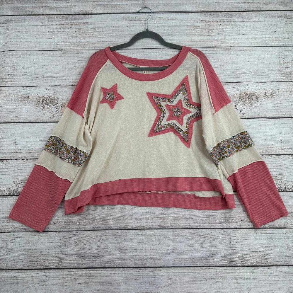 POL‎ Star and Floral Embroidered Oversized Sweatshirt Womens Small Cream Pink